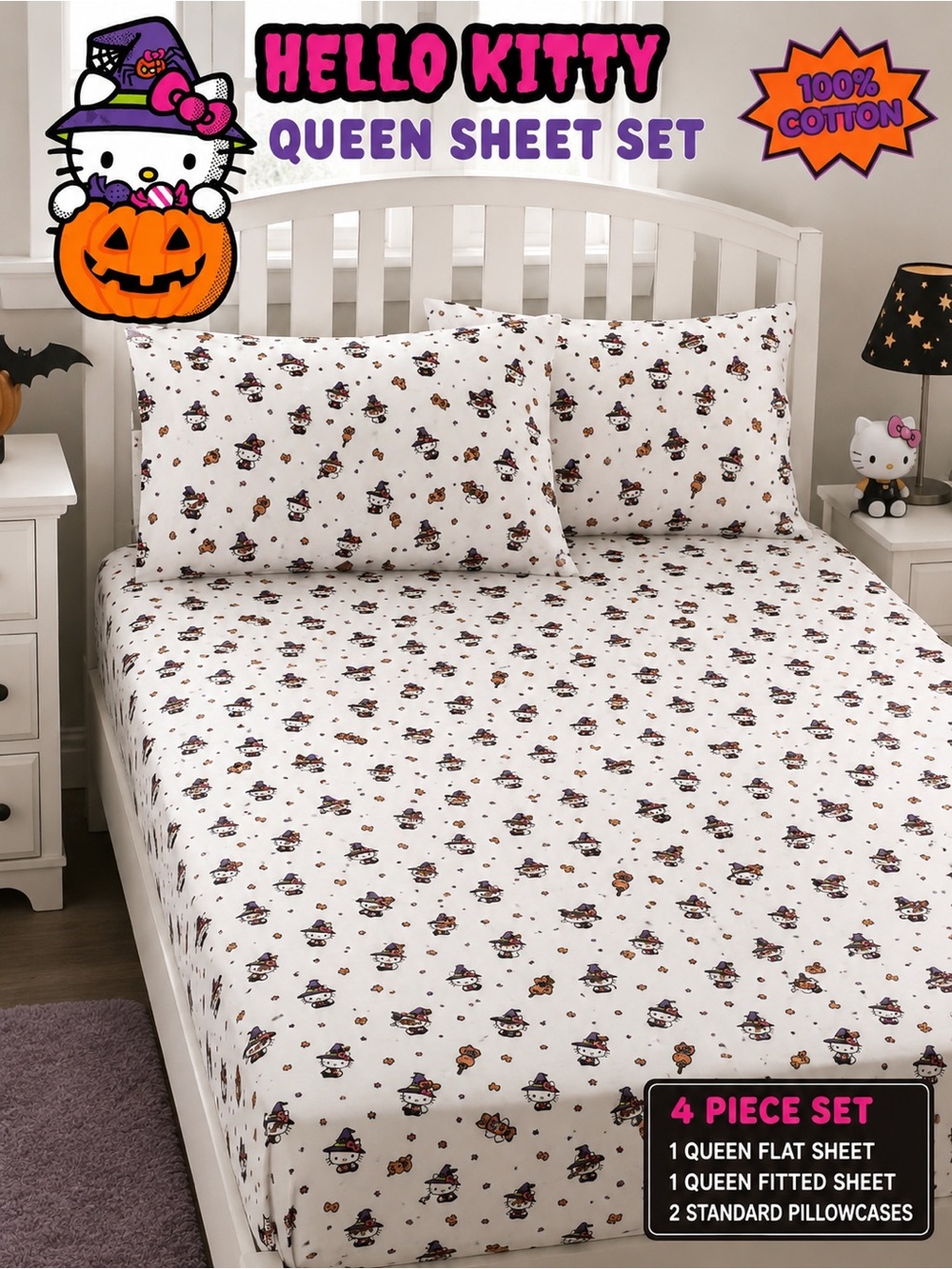 Hello Kitty White Halloween Queen Sheet Set with Cute Witch Print